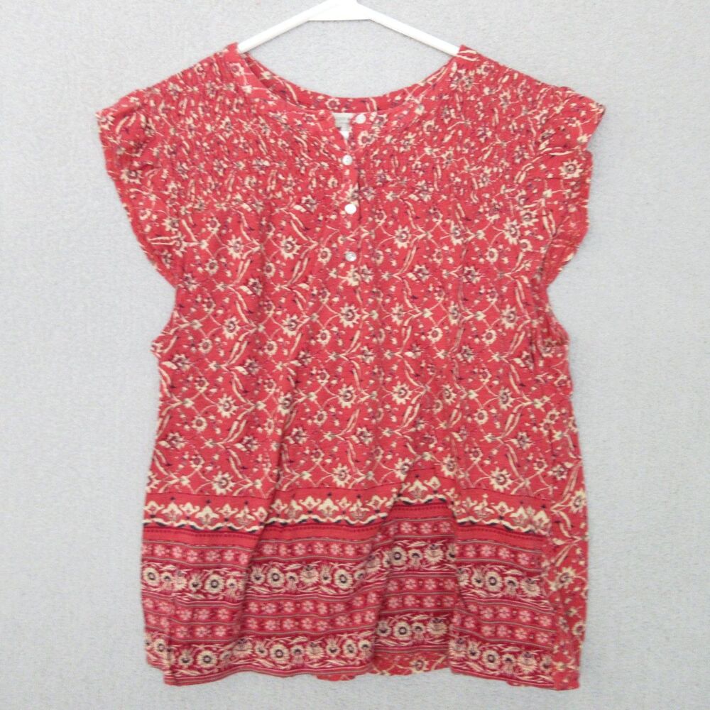 Lucky‎ Brand Top Womens L Red Floral Short Sleeve Button Henley Cotton Modal